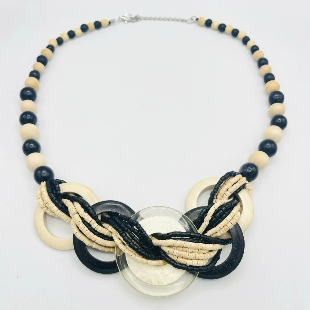 Vintage Y2K Earthy Statement‎ Necklace Chunky Tribal Black Ivory Disk Beaded 29